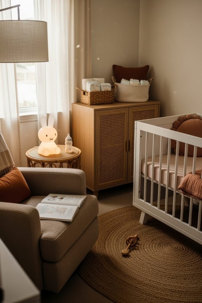 Dreamy & Stylish Baby Nursery Ideas for Girl 5 Warm-toned nursery with a modern crib, cozy armchair, woven rug, and glowing bunny lamp, styled with earthy textures.