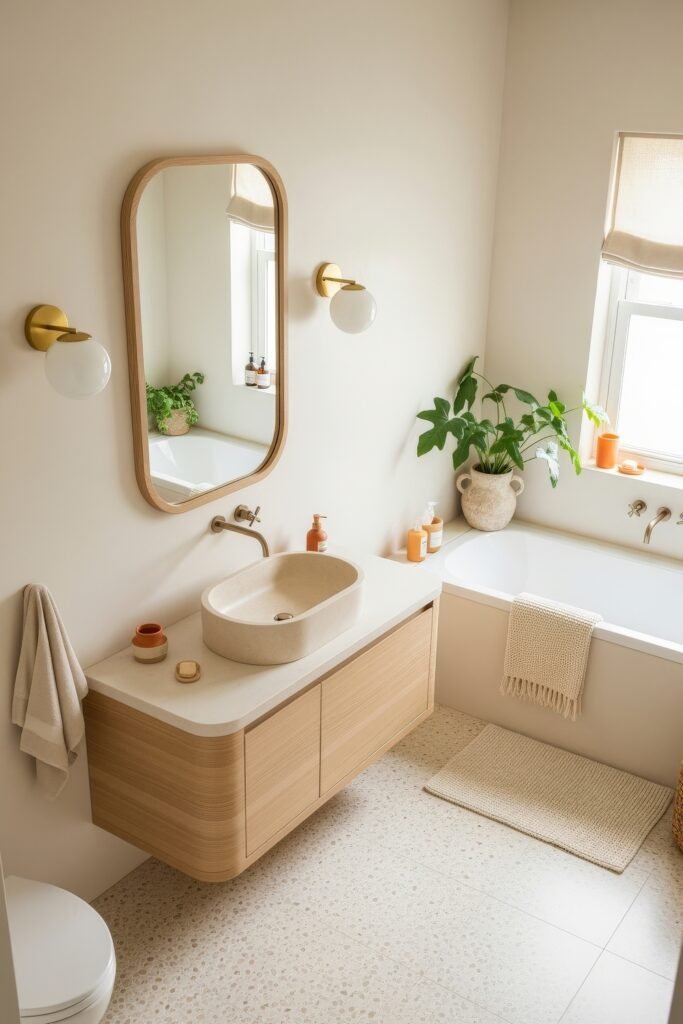 Bathroom Decor Ideas for Calm, Color, and Character 4 Bright, Scandinavian-inspired bathroom with a light wood vanity, oval sink, terrazzo flooring, leafy plants, and soft natural light, showcasing fresh and calming bathroom decor.