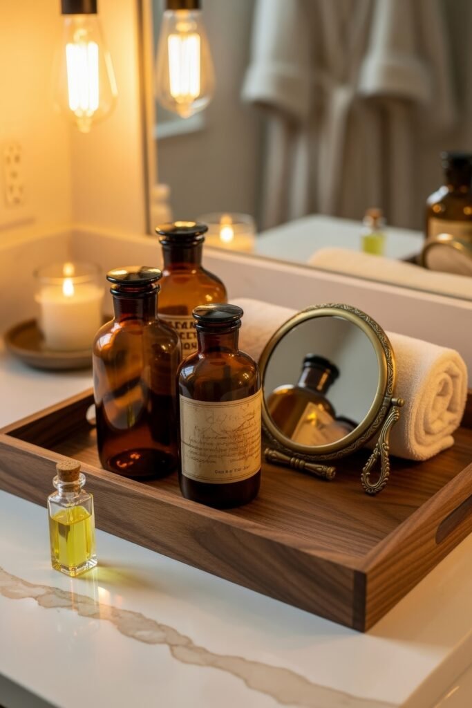 Stylish Bathroom Tray Ideas to Instantly Elevate Your Vanity 5 A vintage-style bathroom tray in dark wood featuring amber glass bottles, a rolled towel, a small mirror, and a candle, set beside a glowing Edison bulb for a warm, nostalgic ambiance.