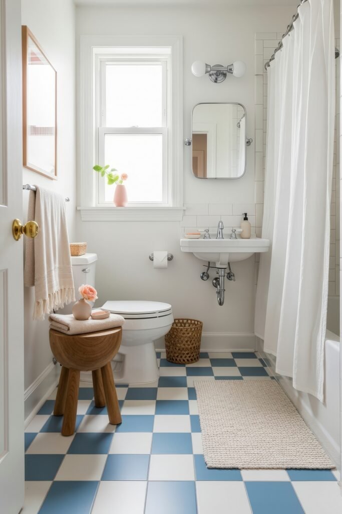Blue Bathroom Decor: Fresh, Wow-Worthy Ideas 6 Bright bathroom with white walls, blue-and-white checkered floor tiles, and simple decor creating a fresh airy feel.