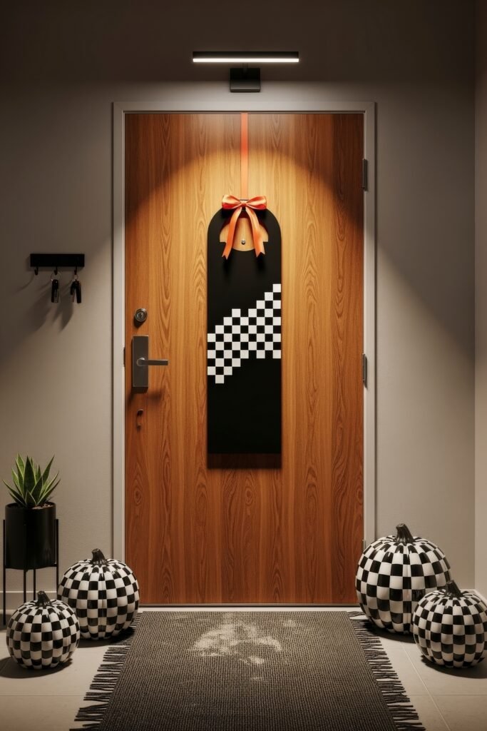 Chic halloween door hangers to elevate your entry 6 Modern entryway with checkered pumpkins and a sleek black Halloween door hanger tied with an orange bow on a wooden door.