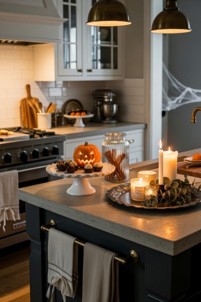 Fresh Ideas for your halloween kitchen 6 A halloween kitchen island decorated with a small jack-o’-lantern, chocolate truffles on a cake stand, jars of cinnamon sticks, and glowing candles for a cozy festive touch.