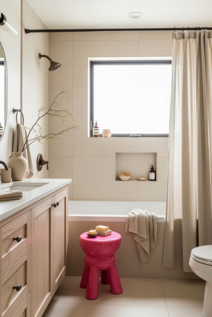 Fresh Ways to Style Pink Bathroom Decor: Looks That Glow 7 Minimalist bathroom with neutral tiles, wood vanity, and bathtub, featuring a bright pink stool that adds a bold touch of pink bathroom decor.