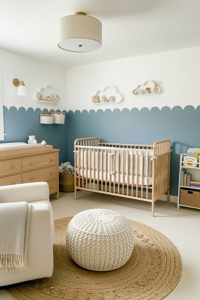Dreamy Nursery Bedrooms: Baby Nursery Ideas for Boy 6 Playful nursery with scalloped two-tone blue and white walls, woven crib, cloud-shaped shelves, and soft textures for a whimsical design.