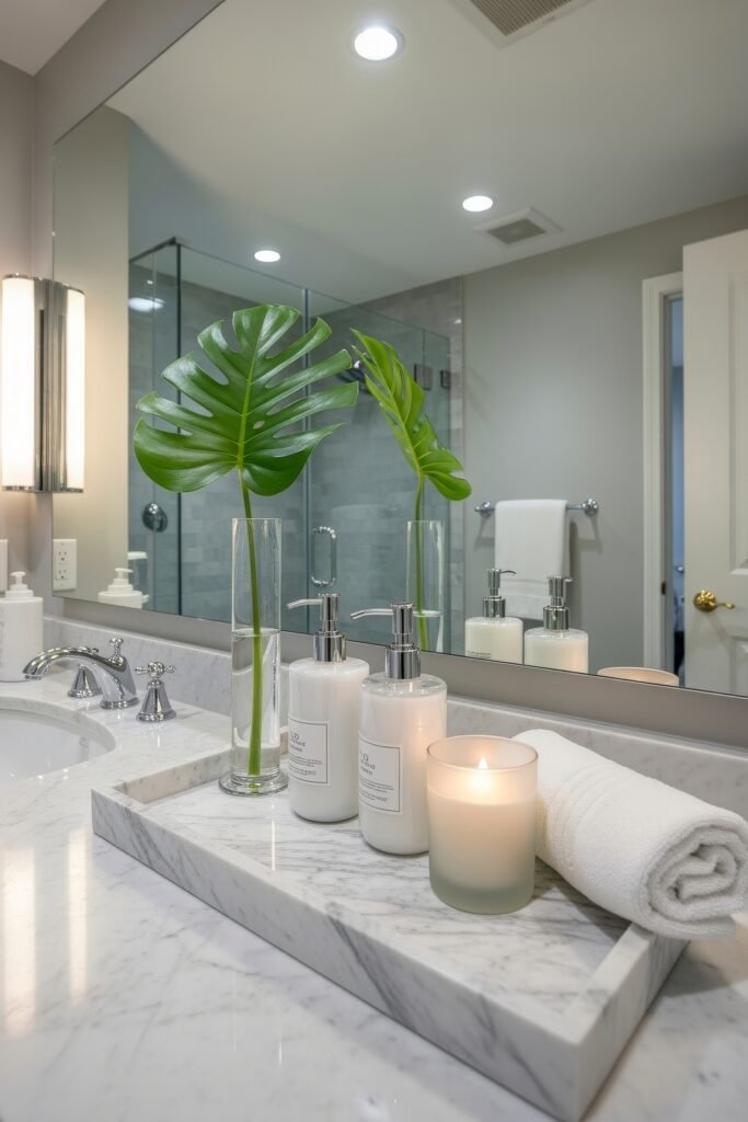 Stylish Bathroom Tray Ideas to Instantly Elevate Your Vanity 6 A marble bathroom tray displaying a glass vase with a monstera leaf, white pump bottles, a candle, and a rolled towel, styled on a sleek marble countertop with a walk-in shower reflected in the mirror.