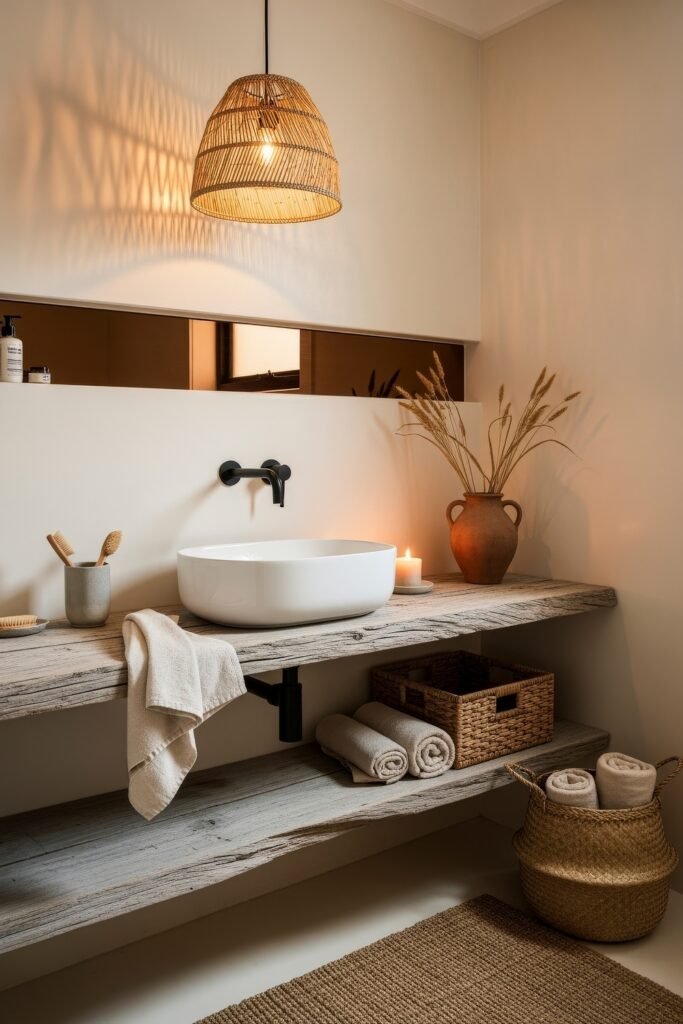 Fresh Ways to Layer Boho Bathroom Decor 8 Bathroom vanity with rustic wood counter, vessel sink, woven baskets, clay vase with dried grasses, and warm lighting for cozy Bathroom Decor Inspo.