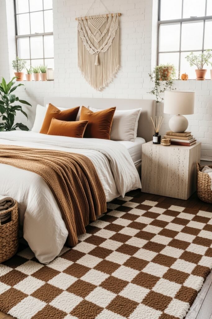 Cozy Boho Fall Decor: Ideas for Warm, Collected Style 9 Bright bedroom with a white bed layered in burnt orange pillows, a chunky knit blanket, a checkered rug, and a macramé wall hanging for a modern fall aesthetic.