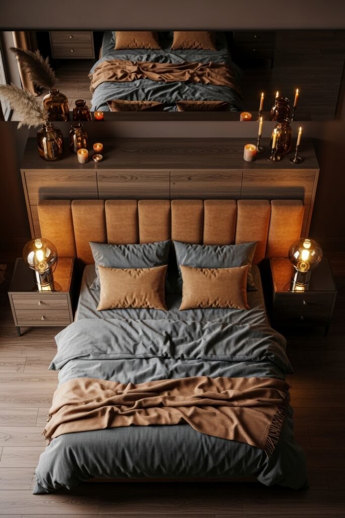 Chic Ideas for a Brown Apartment Aesthetic 7 Ambient bedroom with a brown upholstered headboard, moody lighting, grey bedding, caramel throw blanket, and candles lining the headboard shelf—blending cozy elegance with a brown apartment aesthetic.