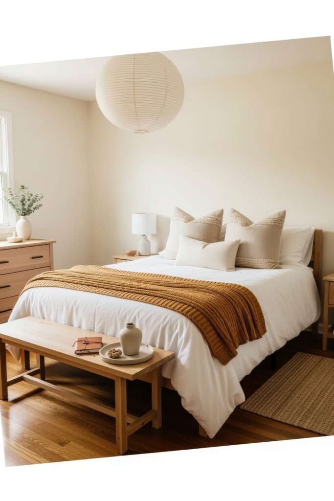 Soft & Stylish: Cozy Bedroom Ideas for an Effortless Retreat 9 Light-filled bedroom with white bedding, mustard knit throw, beige textured pillows, light wood bench at the foot of the bed, and simple ceramic vases.