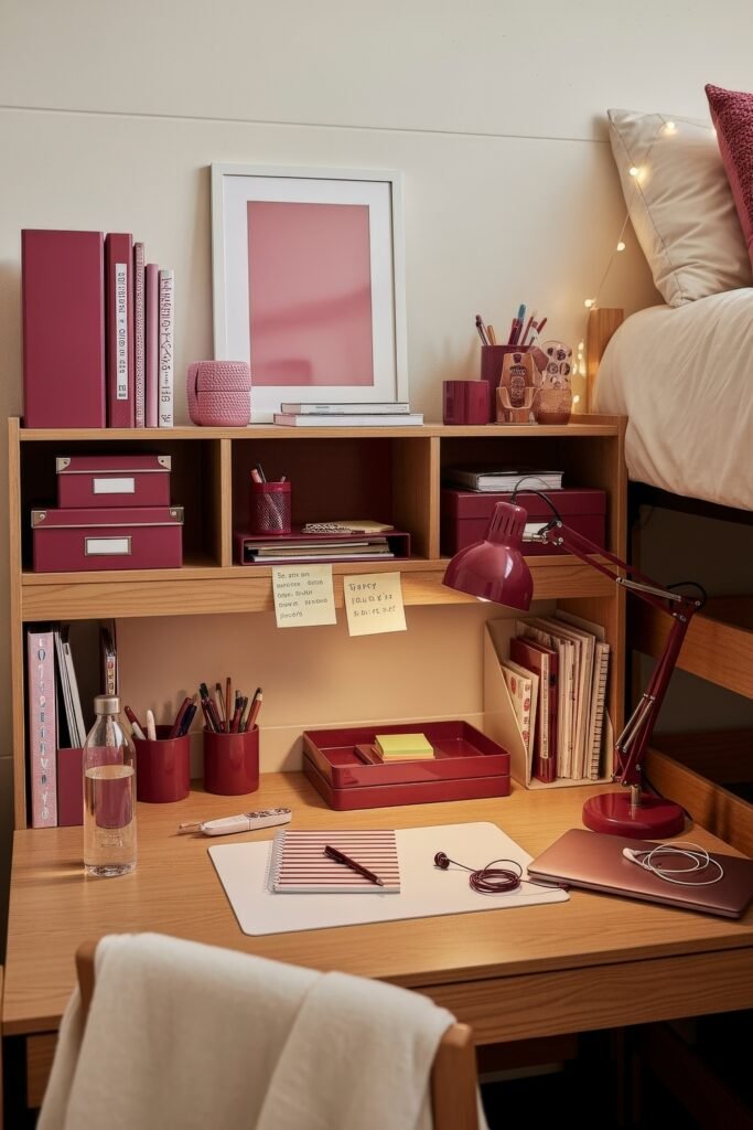 Dorm desk organization ideas for a chic glow-up 6 Modern dorm desk with a bold red theme, matching storage boxes, lamp, and organizers beside a lofted bed.