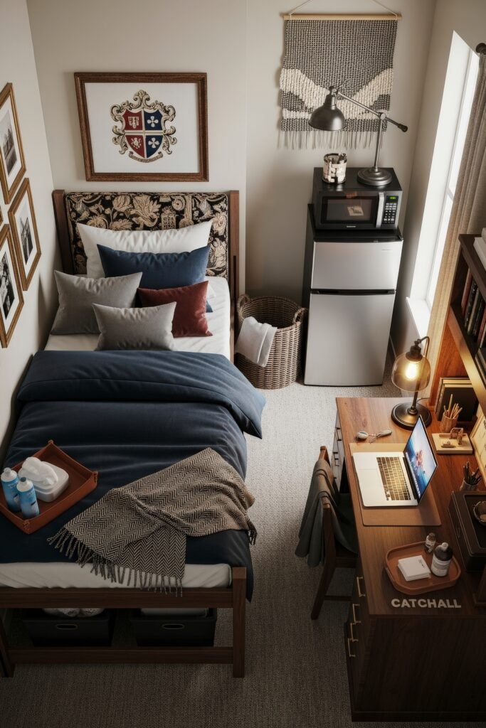 Dorm Room Ideas for Guys That Feel Grown 6 Stylish dorm bedroom with a patterned upholstered headboard, navy bedding, layered pillows, wood desk with laptop and lamp, and a mini fridge topped with a microwave.
