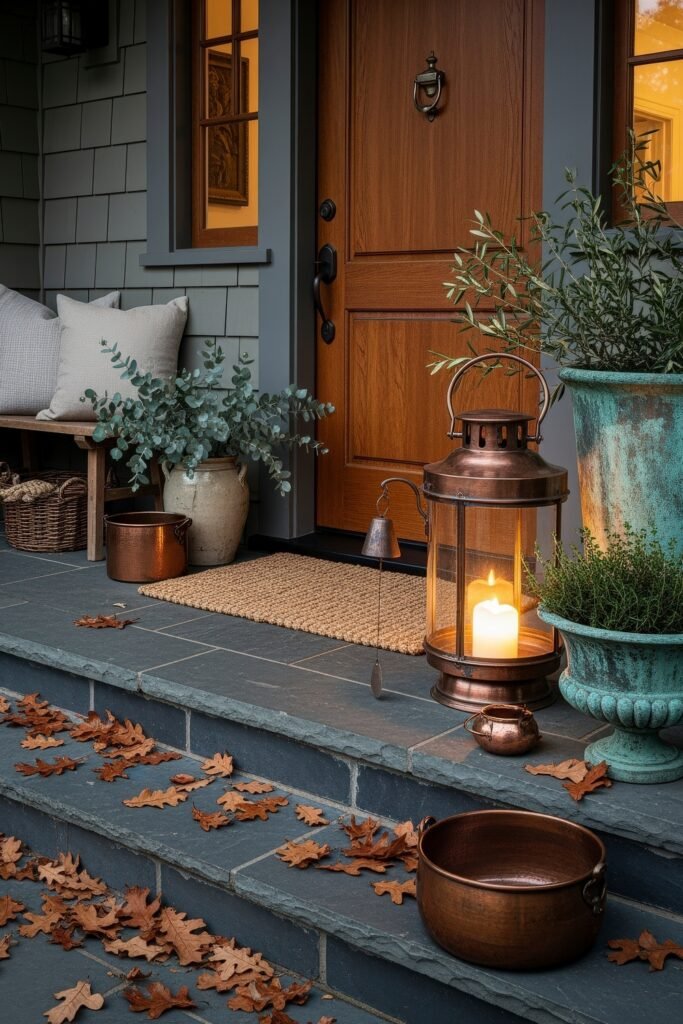 Cozy Entry Glow: Fall Porch Ideas to Try 8 Cottage porch featuring a wooden door, rustic lantern, copper pots, eucalyptus, and scattered autumn leaves.