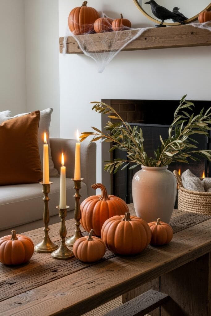 Chic Farmhouse Halloween: 13 Cozy, Stylish Decor Ideas 7 Living room coffee table decorated with orange pumpkins, brass candlesticks, a white vase with greenery, and a mantel above styled with pumpkins, faux cobwebs, and crow figurines.