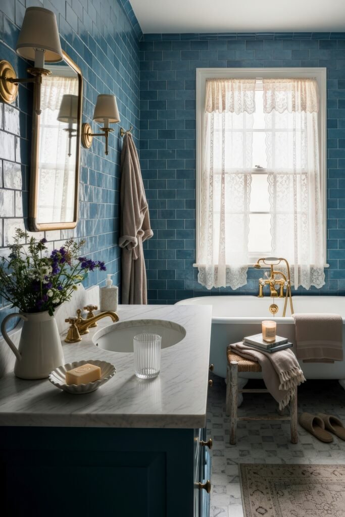 Elegant Ways to Layer french vintage bathroom décor 8 Blue-tiled bathroom with brass fixtures, clawfoot tub, lace curtains, and a marble vanity decorated with fresh flowers and candles.