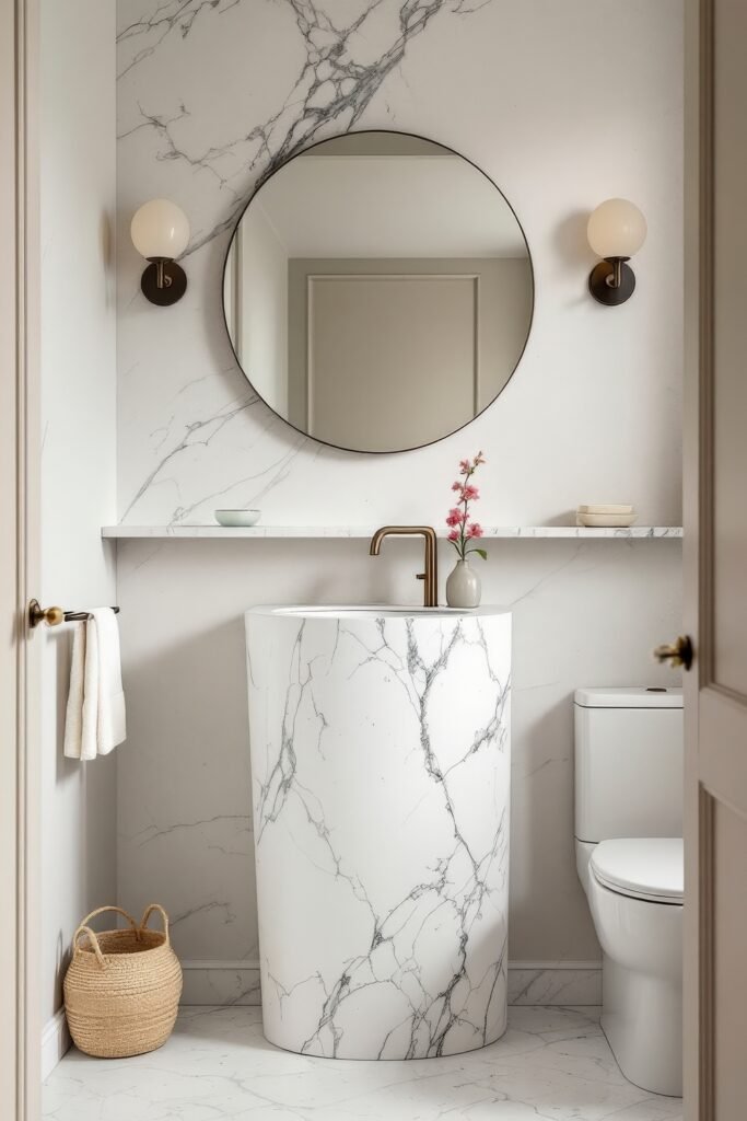 Half Bathroom Decor, Elevated: Jewel-Box Ideas 8 Minimalist bathroom with a cylindrical marble sink, round mirror, brass faucet, and simple wall sconces.