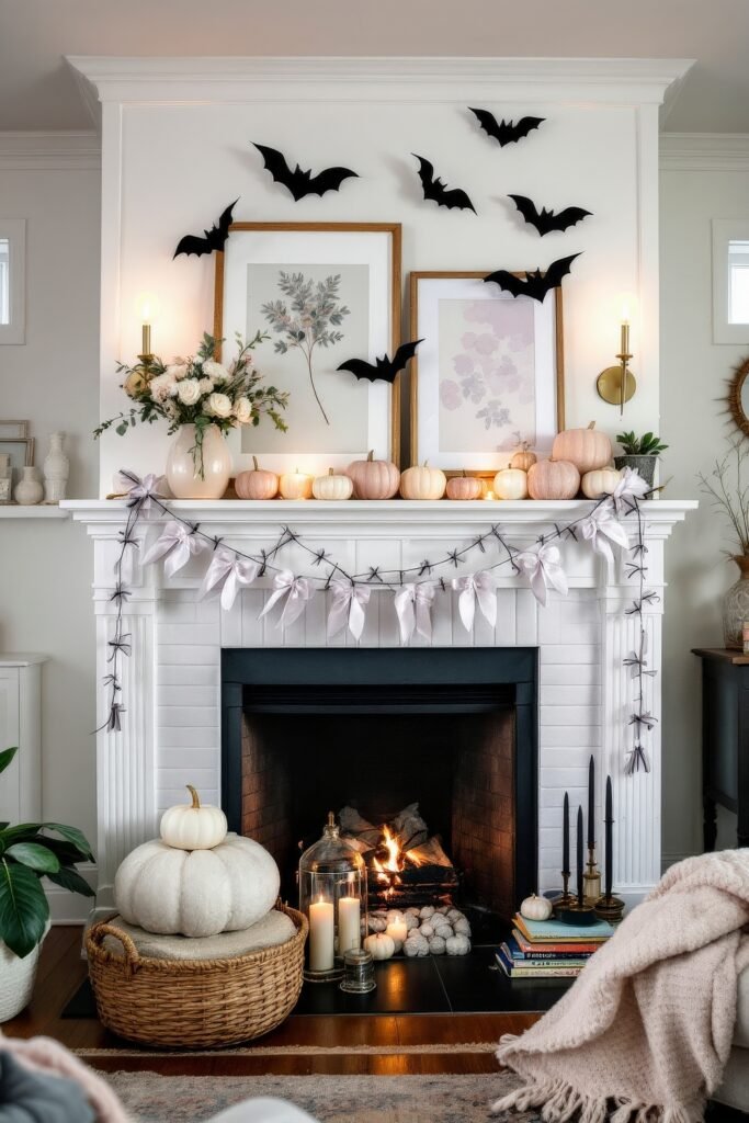 Spooky-Chic Halloween Fireplace Décor: Stylish Mantel Ideas 7 A bright white fireplace with pastel pumpkins, framed floral art, black paper bats, and ribbon garlands for a playful spooky-chic Halloween home setting.