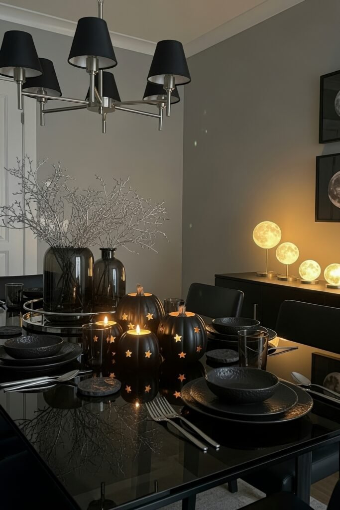 Spooky-Chic Magic: halloween home décor Ideas You’ll Love 9 Sleek dining room with black star-carved pumpkins, glowing moon lamps, and a modern black table setting.