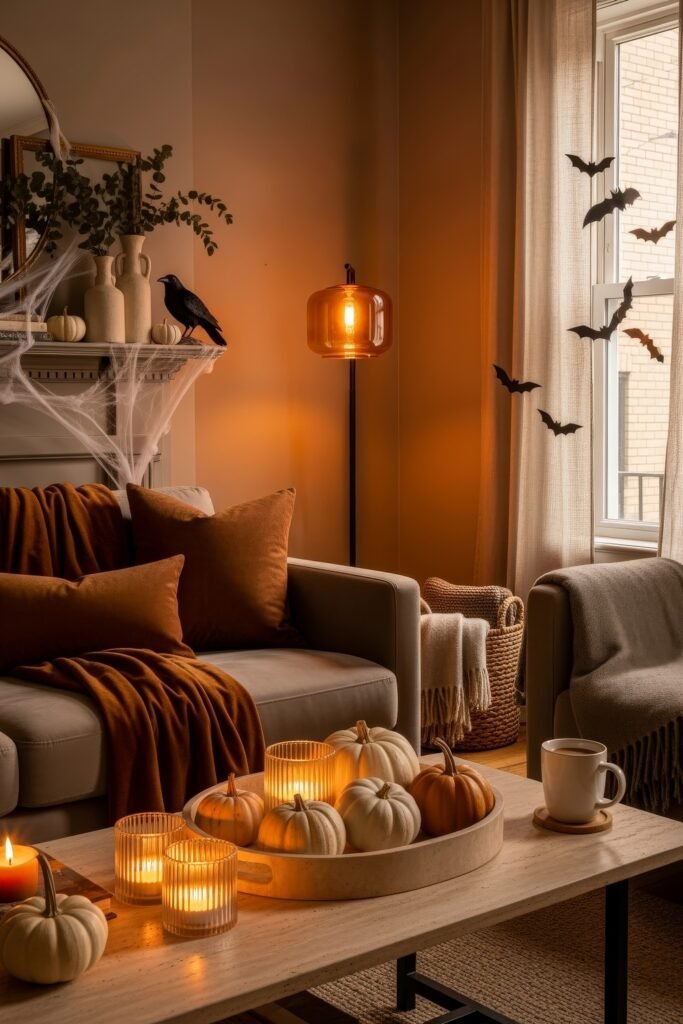 Stylish halloween living room Ideas: 15 Fresh Styles 8 Halloween living room bathed in amber glow with white pumpkins, candles, cobwebs, and bat silhouettes on the window.