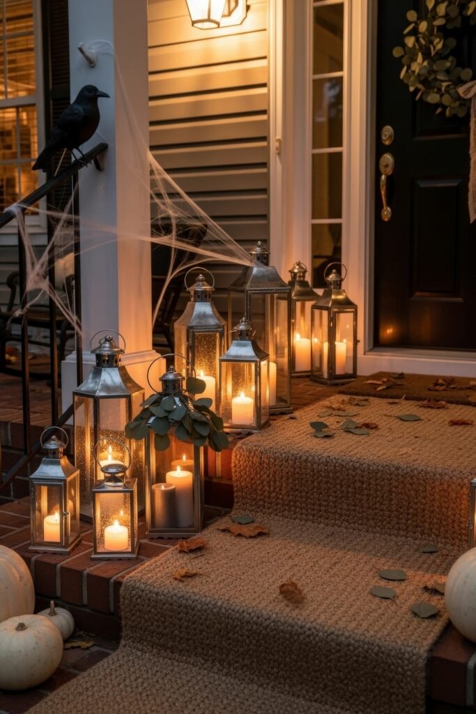 Spooky-Chic halloween porch ideas for Instant Curb Appeal 8 Warmly lit steps lined with lanterns, white pumpkins, cobwebs, and a raven perched above for a moody porch scene.