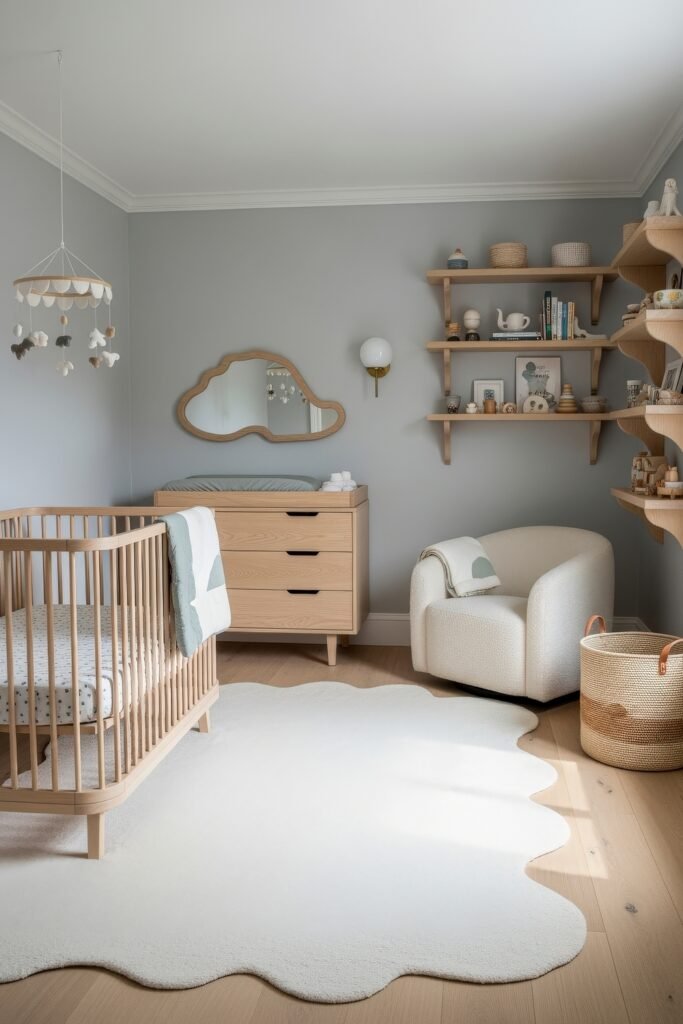 Fresh nautical nursery ideas for a calm, stylish baby room 8 Scandinavian-inspired nursery with a cloud mirror, pale wood crib, playful scalloped rug, and soft neutral decor for a dreamy atmosphere.