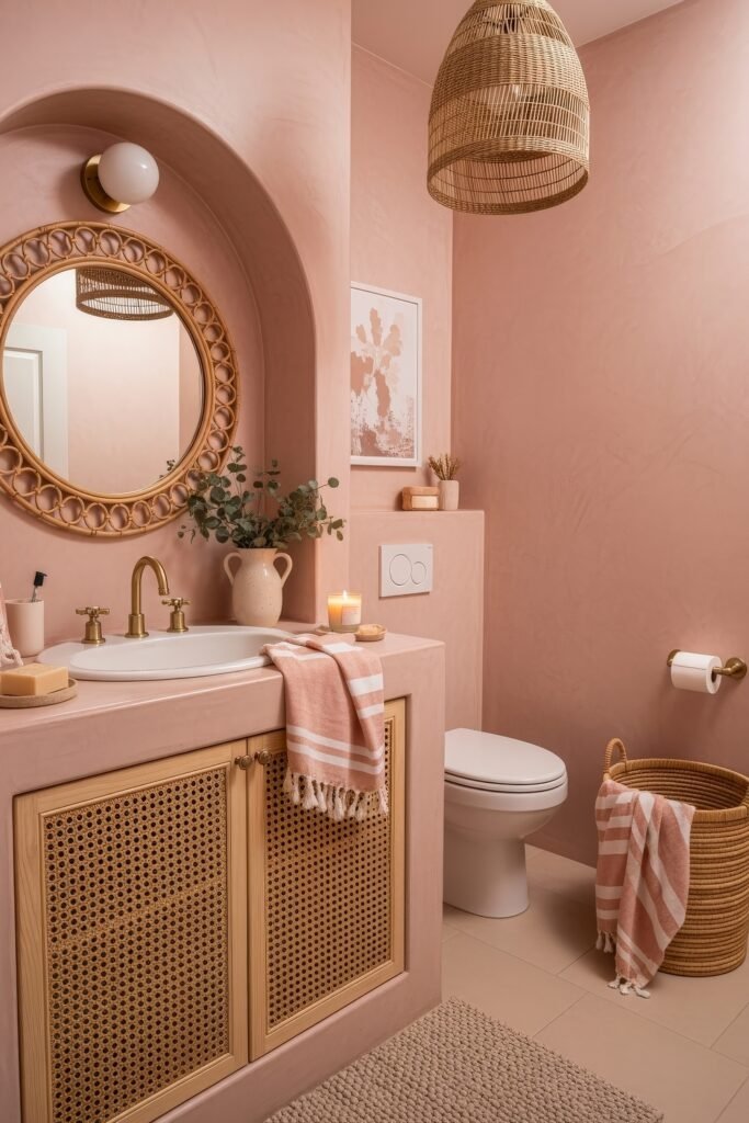 Fresh Ways to Style Pink Bathroom Decor: Looks That Glow 8 Cozy bathroom with soft pink walls, rattan cabinet doors, and a round mirror, styled with striped towels, candles, and natural pink bathroom decor.