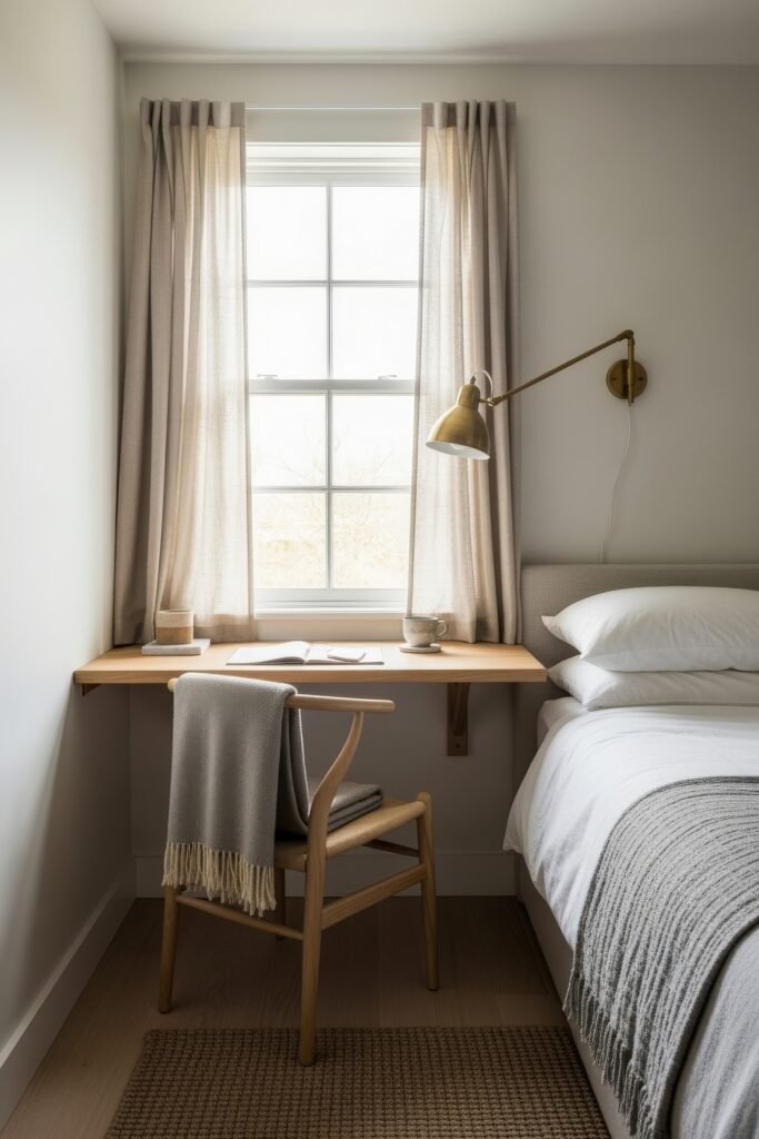Small Bedroom Office Combo Ideas That Actually Look Chic 9 Calm, airy bedroom with a large window, light wood desk, brass wall lamp, and simple chair draped with a soft throw.