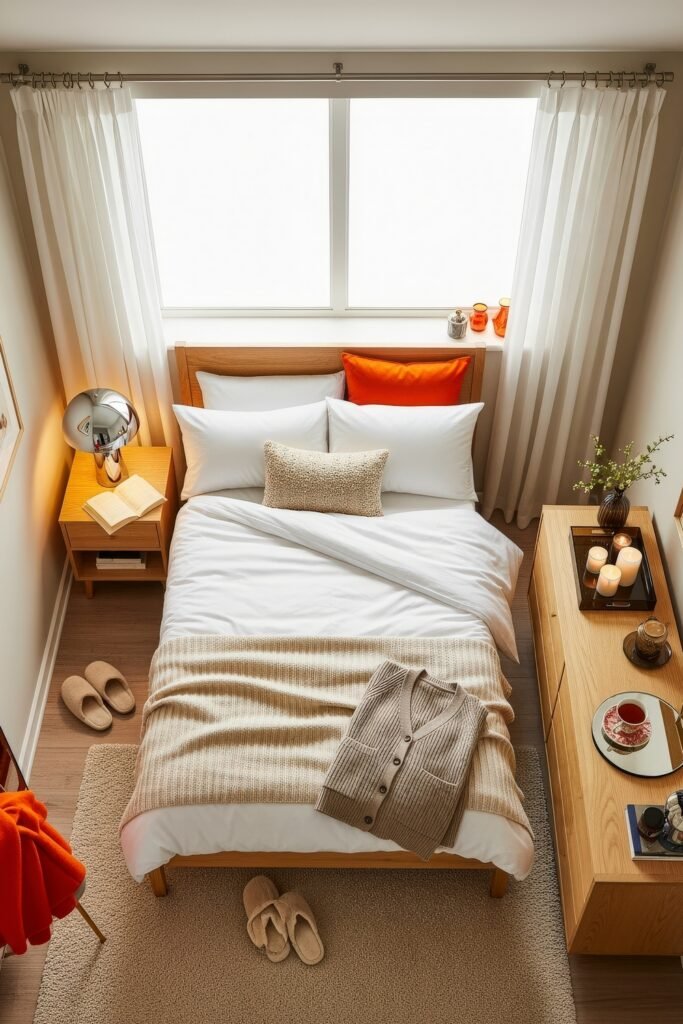 Small Bedroom Style Ideas: 15 Chic Looks That Work 9 Bright small bedroom style with white bedding, orange accent pillows, and warm wood furniture under soft daylight.