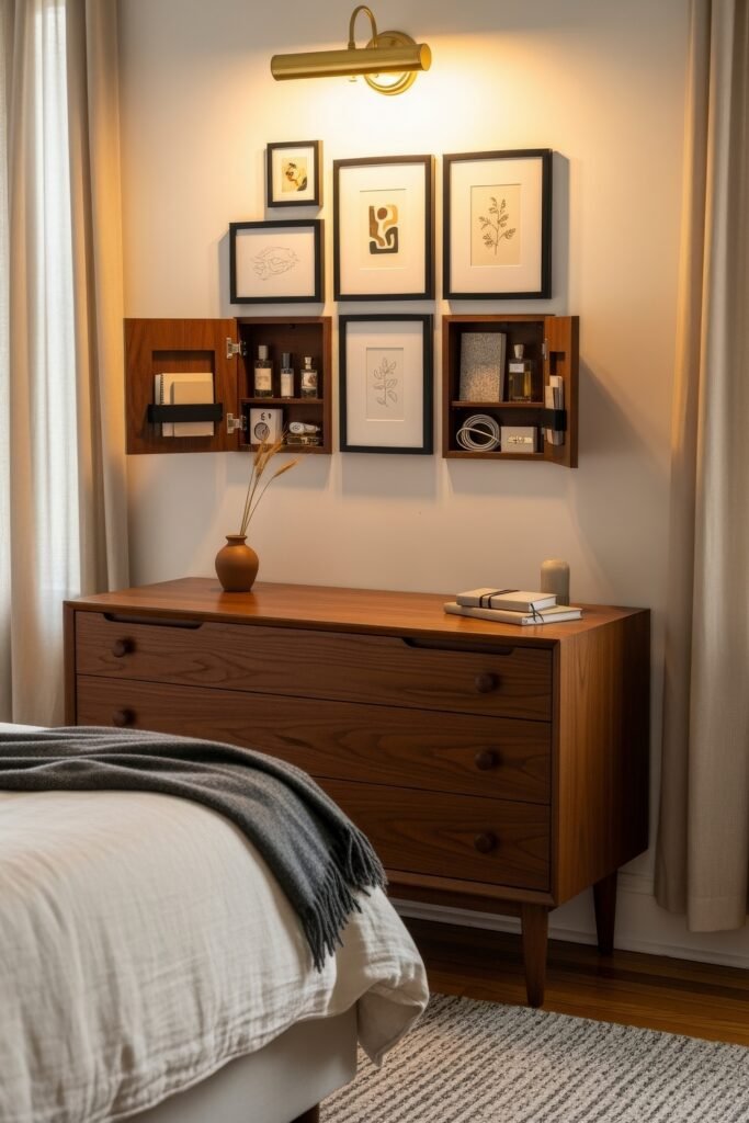 Smart, Stylish Storage Ideas for Small Bedrooms 9 Minimalist bedroom with a mid-century wooden dresser, wall-mounted storage boxes disguised as art frames, and soft neutral bedding.