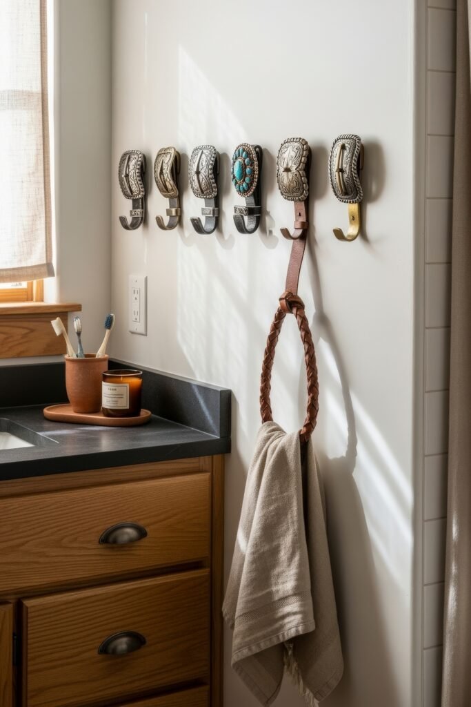 Desert-Modern Magic: Western Bathroom Decor Ideas 8 Bathroom wall with decorative metal hooks made from western belt buckles holding a towel, adding rustic western bathroom decor flair.