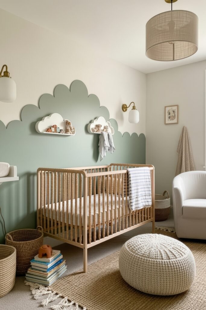 Dreamy Nursery Bedrooms: Baby Nursery Ideas for Boy 7 Dreamy nursery bedroom with sage green scalloped wall design, woven crib, cloud shelves, and cozy reading corner with neutral textiles.