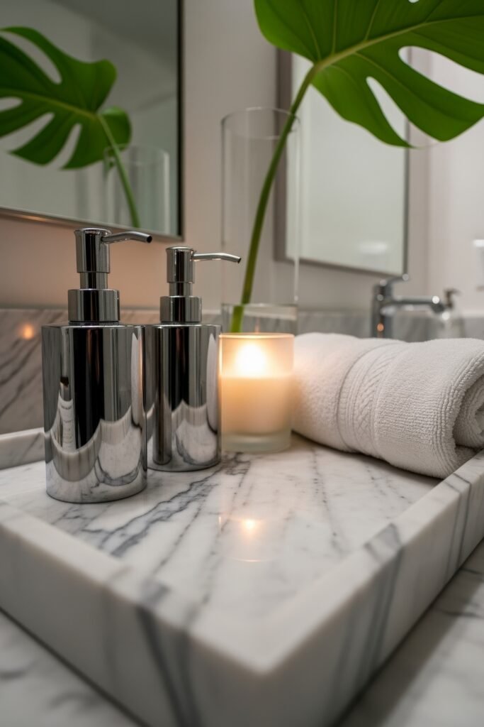 Stylish Bathroom Tray Ideas to Instantly Elevate Your Vanity 7 Close-up of a modern marble bathroom tray holding chrome soap dispensers, a lit candle, a rolled towel, and a tall vase with a green monstera leaf, emphasizing minimalist luxury bathroom decor.