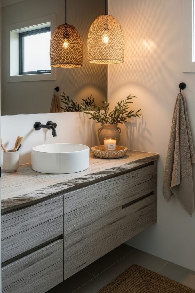 Fresh Ways to Layer Boho Bathroom Decor 9 Modern rustic bathroom with textured wood vanity, round vessel sink, woven pendant lights, and candle for calming boho bathroom decor.