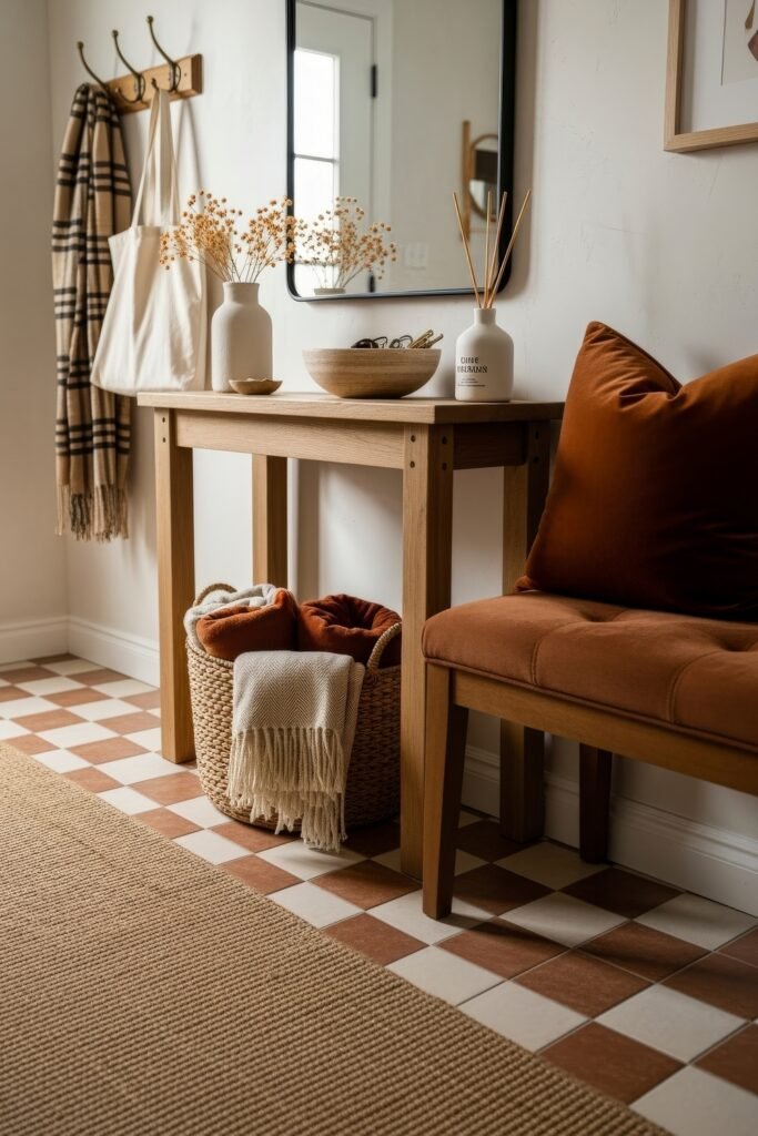 Cozy Boho Fall Decor: Ideas for Warm, Collected Style 10 Entryway styled with a wooden console table, a basket of folded throws, a terracotta pillow bench, and small fall touches like dried stems in a vase.
