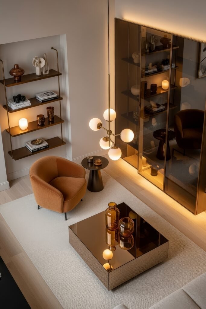 Chic Ideas for a Brown Apartment Aesthetic 8 Contemporary loft-style living room with caramel accent chairs, bronze reflective coffee table, warm ambient lighting, and curated shelving, merging luxury and brown apartment aesthetic.