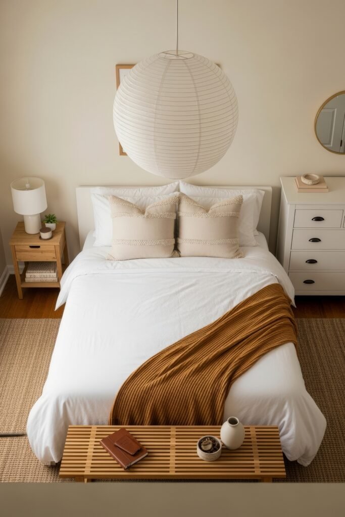 Soft & Stylish: Cozy Bedroom Ideas for an Effortless Retreat 10 Simple and airy bedroom with crisp white bedding, mustard ribbed throw, two textured pillows, light wood slatted bench, and minimalist bedside decor.