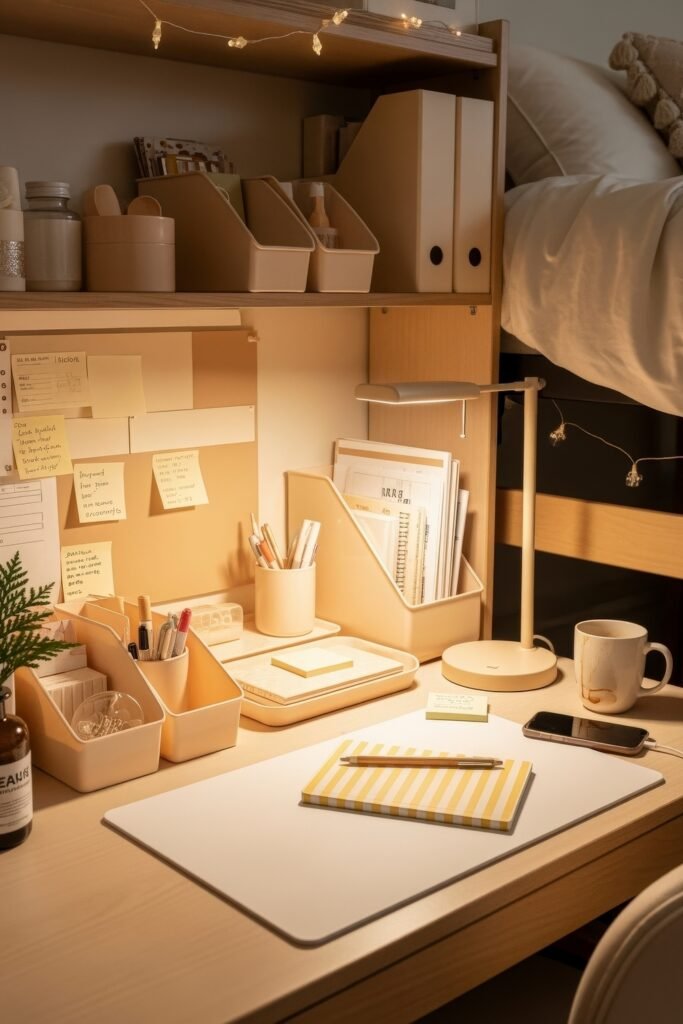Dorm desk organization ideas for a chic glow-up 7 Neutral dorm desk organization with beige containers, a striped yellow notebook, and soft fairy lights above the bed.
