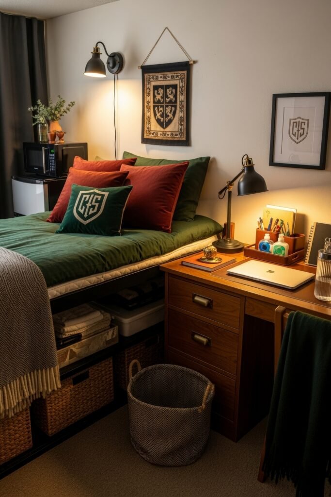 Dorm Room Ideas for Guys That Feel Grown 7 Warm dorm room ideas for guys with a green bedspread, red accent pillows, dark wood desk setup with glowing lamp, and woven baskets for storage underneath.