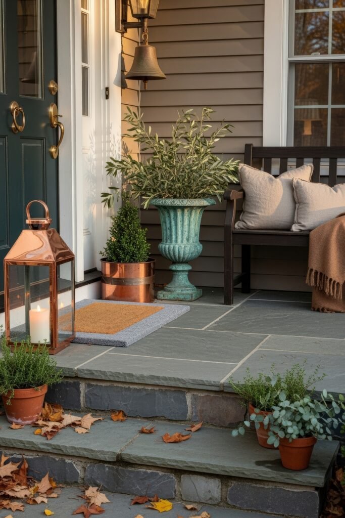 Cozy Entry Glow: Fall Porch Ideas to Try 9 Porch with copper and turquoise planters, a dark bench with pillows, lantern, and scattered fall leaves on the steps.