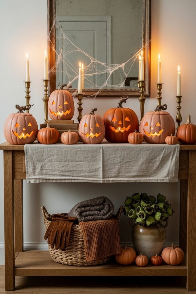 Chic Farmhouse Halloween: 13 Cozy, Stylish Decor Ideas 8 Wooden console table with glowing orange jack-o’-lanterns, tall brass candlesticks, faux cobwebs, and a basket of cozy fall textiles for a rustic Halloween setup.