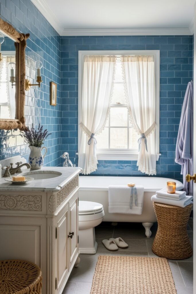 Elegant Ways to Layer french vintage bathroom décor 9 Fresh bathroom with blue subway tiles, white carved vanity, lace-trimmed curtains, and lavender flowers adding a touch of rustic charm.