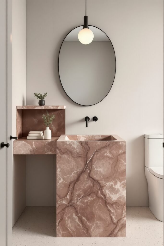 Half Bathroom Decor, Elevated: Jewel-Box Ideas 9 Modern half bathroom decor with a rose marble sink and vanity, oval mirror, pendant light, and neutral tones.