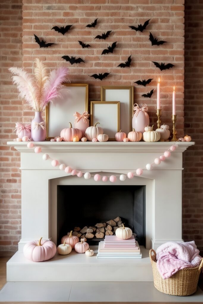Spooky-Chic Halloween Fireplace Décor: Stylish Mantel Ideas 8 A light stone fireplace styled with pastel pink and cream pumpkins, pampas grass in vases, candles, and a garland, with black paper bats on the brick wall for whimsical Halloween fireplace décor.