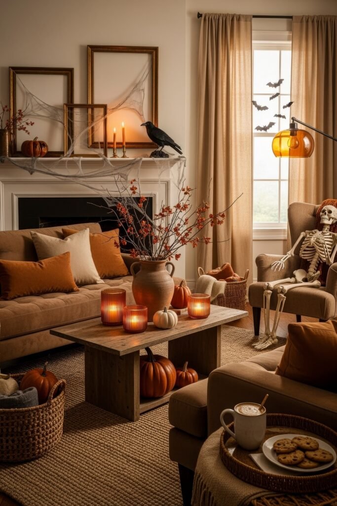 Stylish halloween living room Ideas: 15 Fresh Styles 9 Cozy halloween living room featuring orange accents, pumpkins, cobweb frames, candles, and a skeleton seated in an armchair.