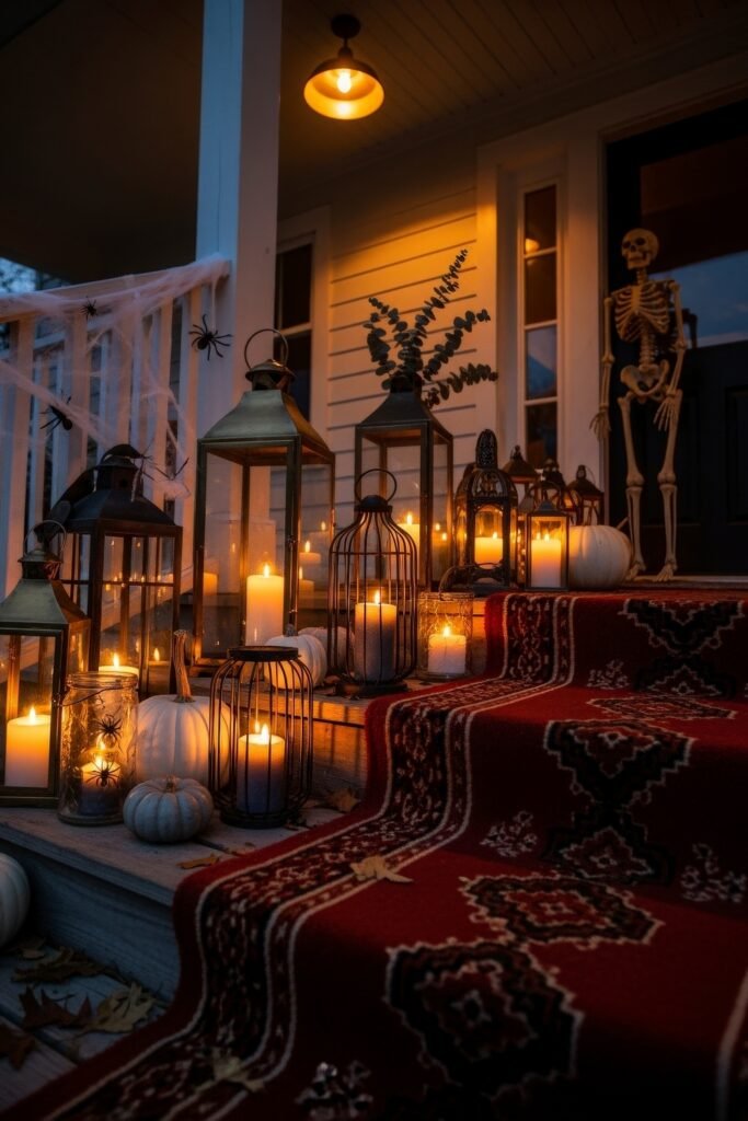 Spooky-Chic halloween porch ideas for Instant Curb Appeal 9 Spooky porch with glowing lanterns, pumpkins, cobwebs, a skeleton figure, and a red patterned runner on the steps.