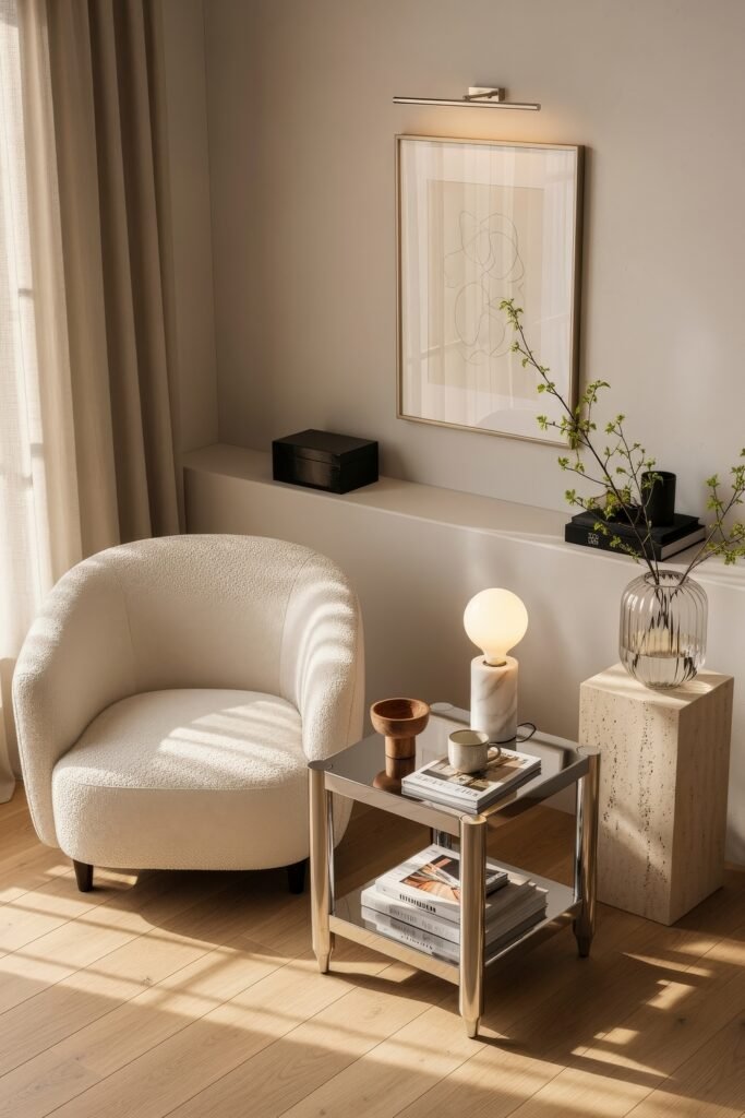 Ideas to Nail a Luxury Apartment Aesthetic 8 Relaxed sitting corner with a boucle armchair, small metal side table, marble pedestal vase, and wall art, bathed in soft natural light.