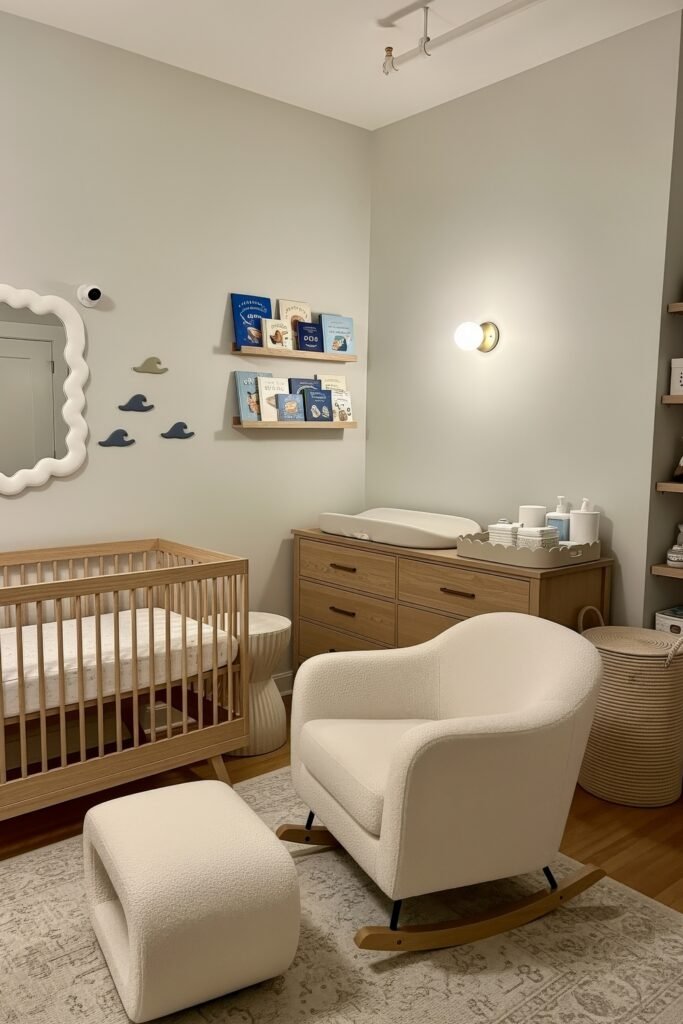 Fresh nautical nursery ideas for a calm, stylish baby room 9 Minimalist nursery with a wooden crib, cream rocker, wave-shaped wall decals, and shelves filled with baby books.