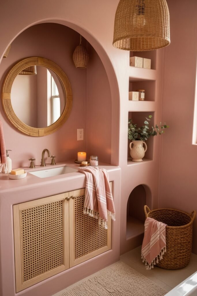 Fresh Ways to Style Pink Bathroom Decor: Looks That Glow 9 Bathroom with arched shelving, pink walls, and rattan accents, featuring candles, plants, and woven baskets as part of the pink bathroom decor.