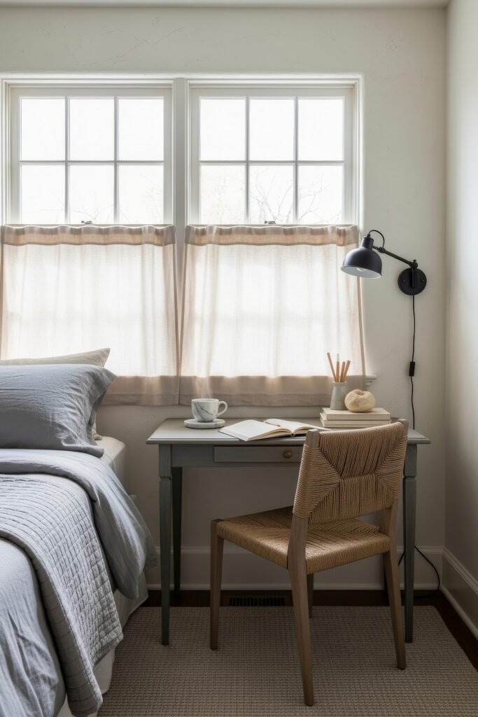 Small Bedroom Office Combo Ideas That Actually Look Chic 10 Serene bedroom with twin windows, a gray desk, woven chair, black wall lamp, and bed in cool gray tones, creating a compact workspace.