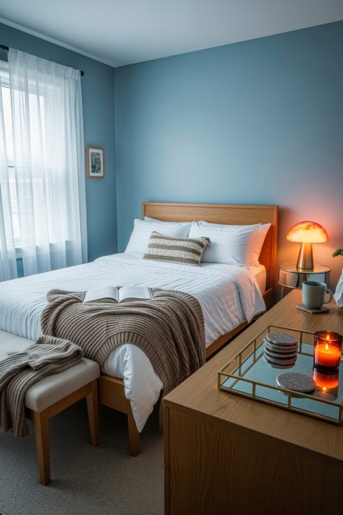 Small Bedroom Style Ideas: 15 Chic Looks That Work 10 Cool-toned small bedroom with sky-blue walls, white bedding, and warm accent lighting from a retro table lamp.