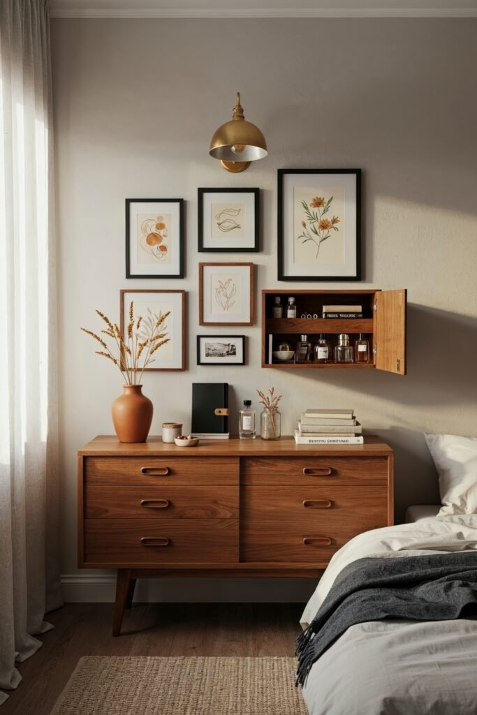 Smart, Stylish Storage Ideas for Small Bedrooms 10 Stylish bedroom with a warm wood dresser, an arrangement of framed botanical prints, and a wall-mounted cabinet storing fragrance bottles and decor.